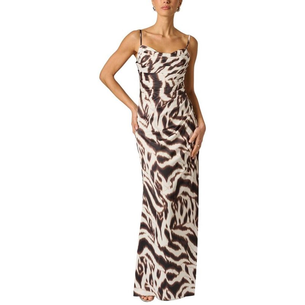 Adrianna Papell Womens Printed Satin Long Dress, Black